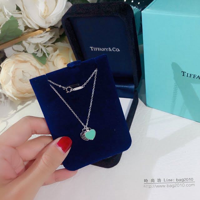 Tiffany純銀飾品 蒂芙尼女士專櫃爆款櫻花粉藍色雙心琺瑯項鏈 Tiffany純銀鎖骨鏈  zgt1716